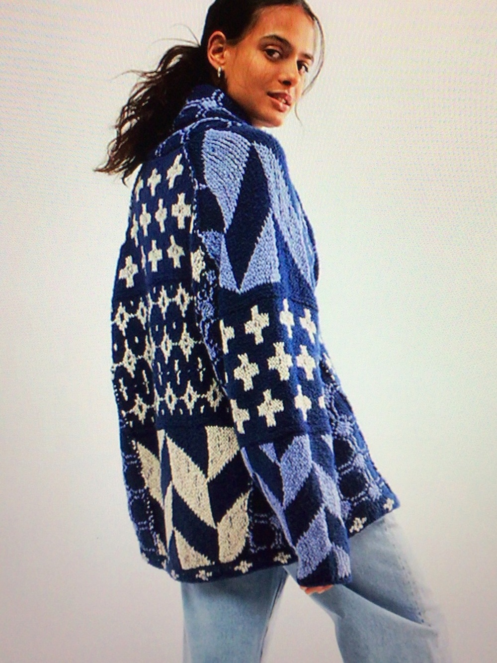 Blue Patterned Patchwork Knit Sweater - Women